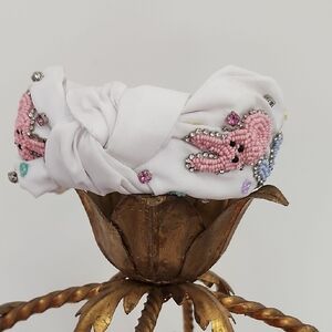Embellished White Knotted Headband with Pink Bead Detail